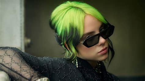 Cute Billie Eilish Is Wearing Black Dress And Sunglasses Having Green Color Hair Posing For A ...