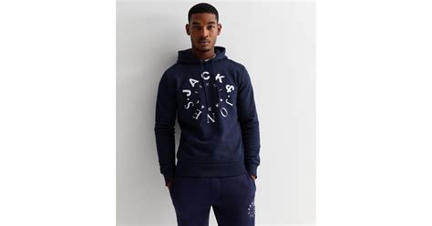 Jack & Jones Navy Jersey Logo Hoodie | New Look