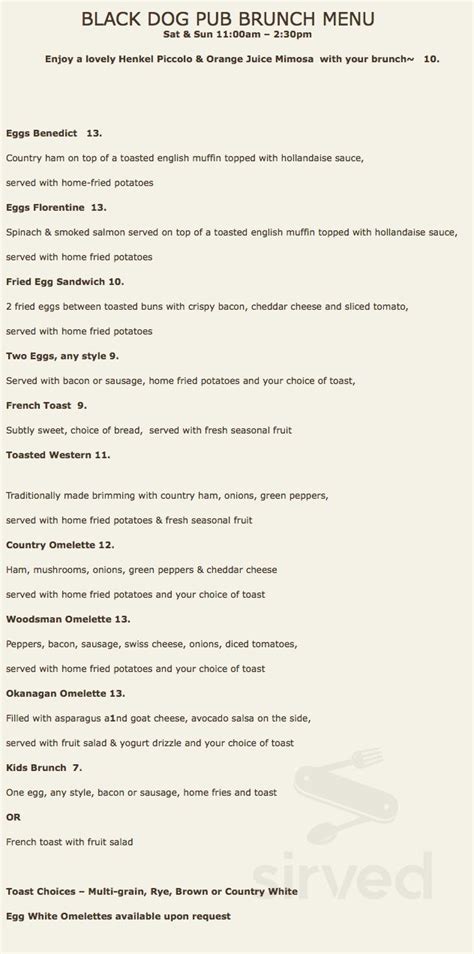 The Black Dog Pub menu in Scarborough, Ontario, Canada