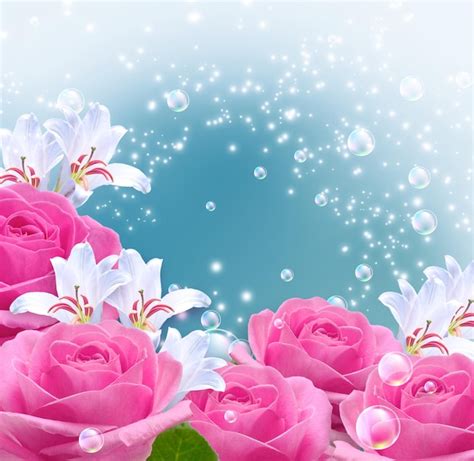 Premium Photo | Pink roses, lilies and bubbles