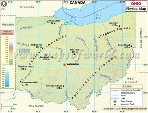 Physical Map of Ohio, Ohio Physical Features