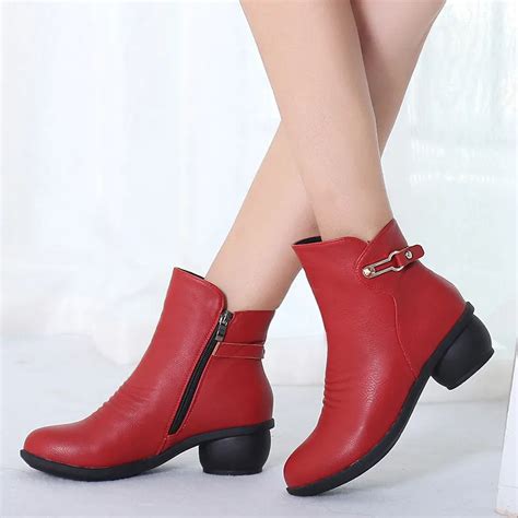 Womans Red Boots Women Leather Ankle Boots 2018 Warm Fur Plush Winter ...