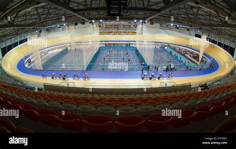 The indoor velodrome at Derby Arena at Derby, UK, viewed from the home ...