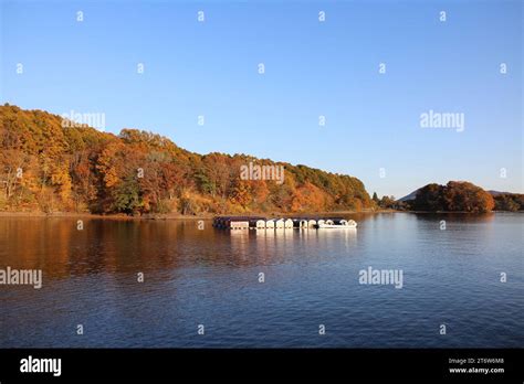 Autumn scenery of Lake Hibara and mountains with autumn leaves in ...