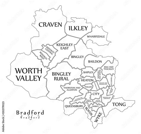 Modern City Map - Bradford city of England with wards and titles UK outline map Stock Vector ...