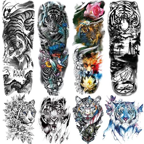 Buy Tiger Temporary Tattoos Sleeve, 4-Sheet Large Fake Wild Tiger Arm ...