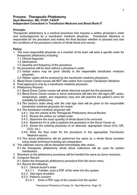 Process: Therapeutic Phlebotomy – Dr. Zeyd Merenkov