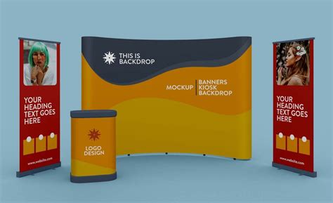Free Exhibition Standing Banner, Kiosk & Backdrop Mockup PSD - Designbolts