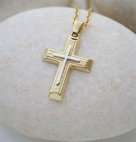 14K Solid Gold Cross Necklace Baptism Gift Boy Cross 14K | Etsy