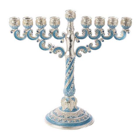 Menorah Judaica - Ornate Blue Enamel And Gemstone Menorah