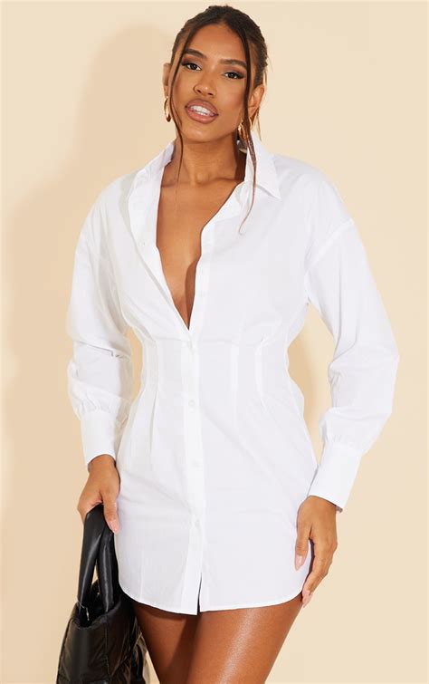 Recycled White Long Sleeve Button Shirt Dress | PrettyLittleThing QA