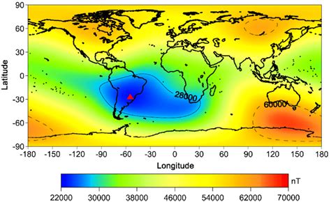 South Atlantic Magnetic Anomaly (in blue) in the year 2000 [10 ...