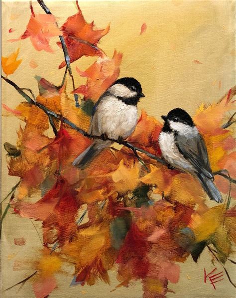 chickadee & fall leaves by Krista Eaton original art image 0 in 2020 | Bird paintings on canvas ...