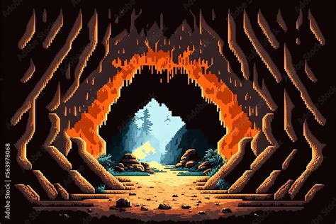 Pixel art cave entrance, natural tunnel, landscape in retro style for 8 bit game, Generative AI ...