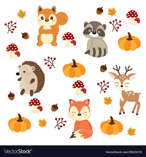 Cute woodland animals in autumn Royalty Free Vector Image