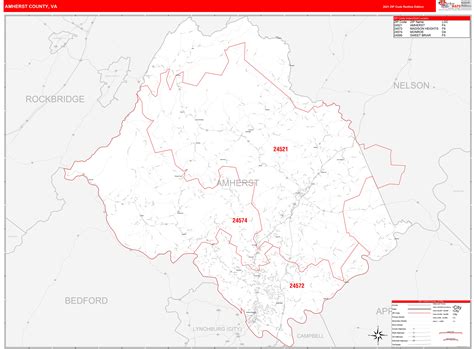 Amherst County, VA Zip Code Wall Map Red Line Style by MarketMAPS - MapSales