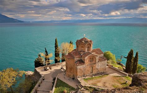 Обои озеро, церковь, Ohrid, Lake Ohrid, Church of Saint John at Kaneo, Охрид, Охридское озеро ...