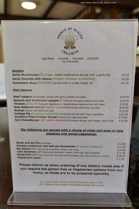 Menu at Prince Of Wales pub & bar, Criccieth