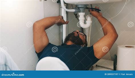 Plumber Black Man, Kitchen and Sink Maintenance with Tools, Focus and Pipe Repair for Drainage ...