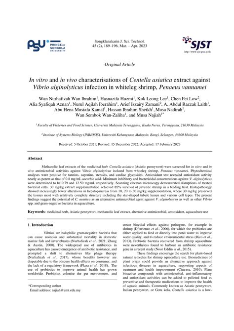 (PDF) In vitro and in vivo characterisations of Centella asiatica extract against Vibrio ...