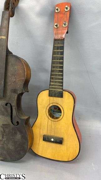 Miniature Lark Ukulele, Dark Wood Violin with No Strings Or Pegs, 8 String Lute (All Items In ...