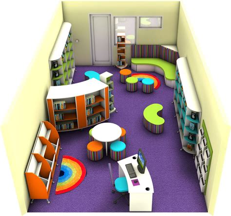 an aerial view of a library with tables, bookshelves and colorful rugs