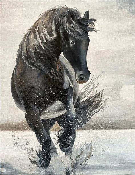 Running Horse Painting, Horse wall decor, Black and white oil painting ...