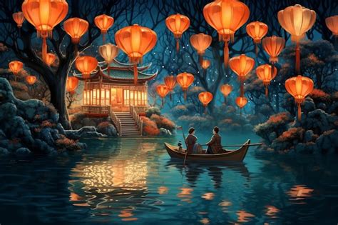 Premium AI Image | A painting of two people in a boat with a chinese lantern in the background.