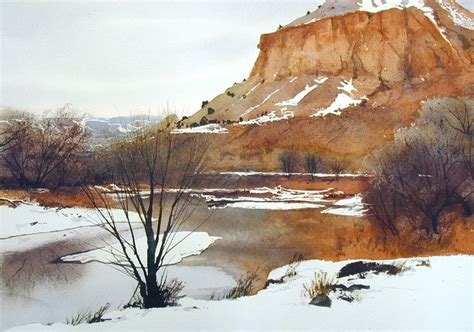 a watercolor painting of a snowy mountain scene with trees and snow on the ground