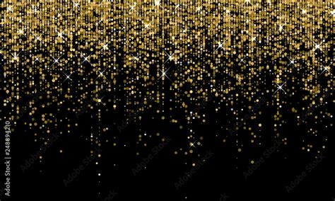 Golden confetti falling on sparkling gold glitter background. Vector carnival party golden ...