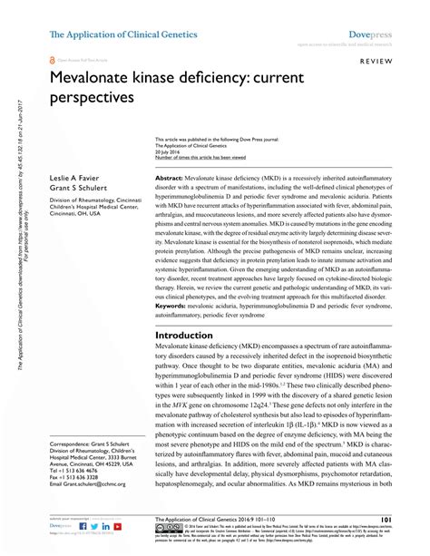 (PDF) Mevalonate kinase deficiency: Current perspectives