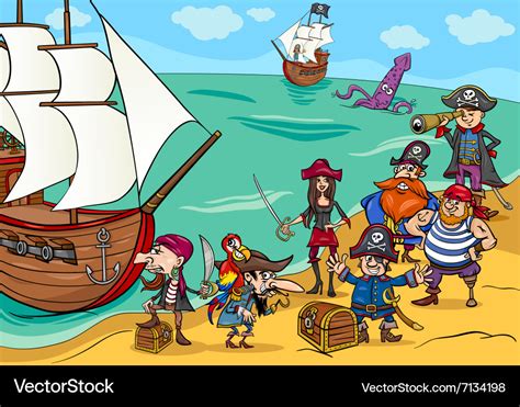 Pirates with ship cartoon Royalty Free Vector Image