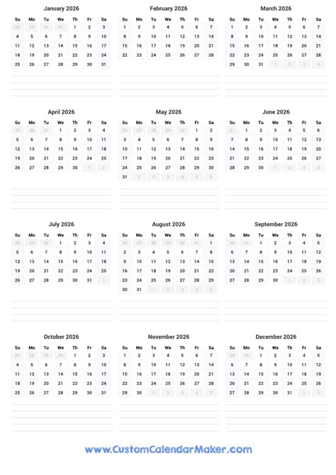 Printable Yearly Calendar 2026 - Full Year at a Glance | Custom ...