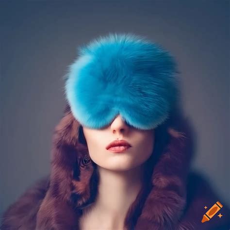 Woman wearing a blue fur sleep mask and fur coat