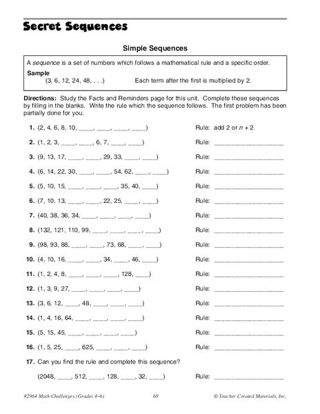 Sequences Worksheet for 5th - 6th Grade | Lesson Planet