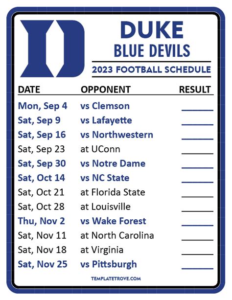 Printable 2023 Duke Blue Devils Football Schedule