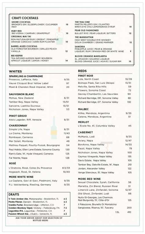 Shore St. Armands menu in Sarasota, Florida, USA