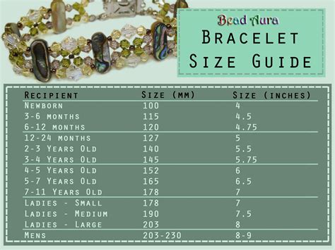 A simple chart showing the general sizes that bracelets need to be when ...