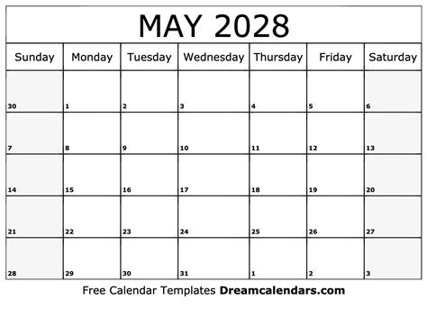 May 2028 Calendar - Free Printable with Holidays and Observances