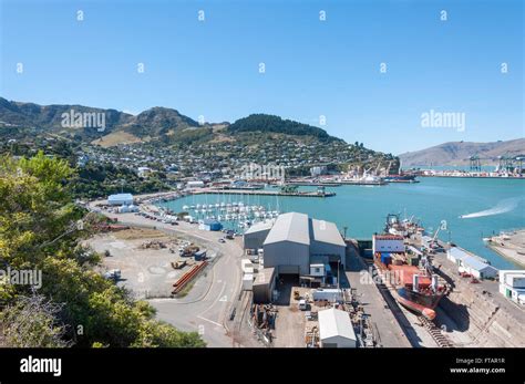 View of town and Port of Christchurch, Lyttelton, Lyttelton Harbour, Banks Peninsula, Canterbury ...