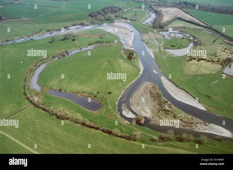 Aerial view of oxbow lake formed when river shortens course, bypassing meander Wales UK Stock ...