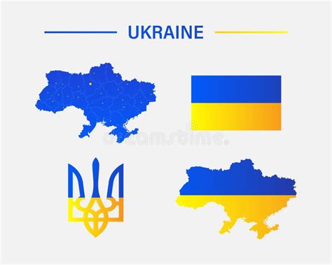 Ukraine Map Flag and Country Emblem Vector Icons. Ukrainian Country Symbols in Blue Yellow UA ...