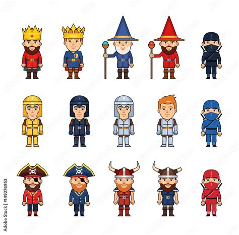 Set of diverse medieval fantasy characters. Funny figures of king ...