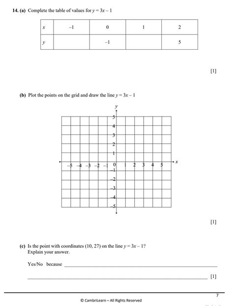 (a) Complete the table of values for y = 3x – 1 x –1 0 1 2 y –1 5 [1 ...