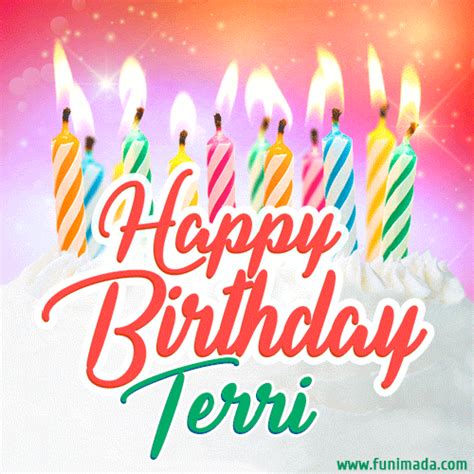 Happy Birthday GIF for Terri with Birthday Cake and Lit Candles | Funimada.com