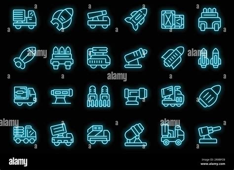 Anti-aircraft missile system icons set outline vector. Gun mortar. Vehicle war neon color on ...