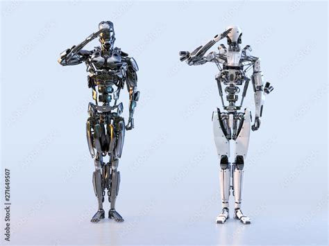 Couple of modern robots soldiers standing and saluting, isolated ...