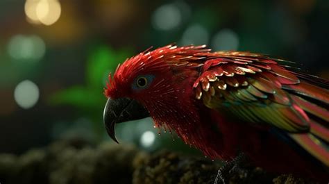 Premium Photo | A red parrot with green and red feathers sits on a rock.