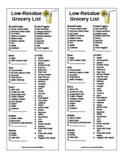 Printable Low Residue Diet Sheet