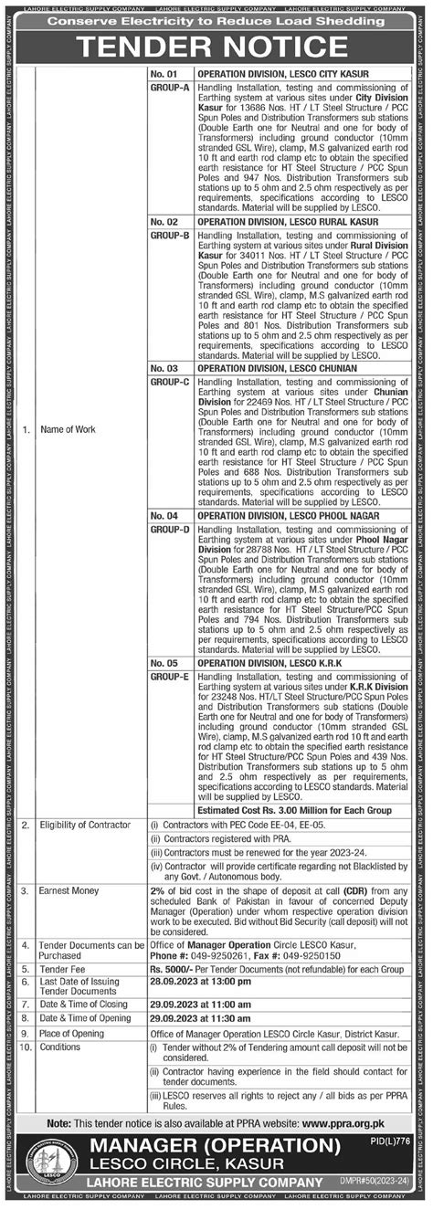 LESCO Tender Notice for Handling Installation Testing & Commission of ...